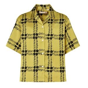 Marni X Uniqlo Chartreuse Yellow & Black Print Short Sleeve Satin Button Up